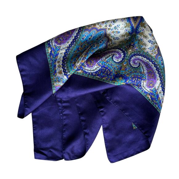 Silky scarf navy & light blue green gold cream paisley vintage mid century chic - Picture 6 of 6